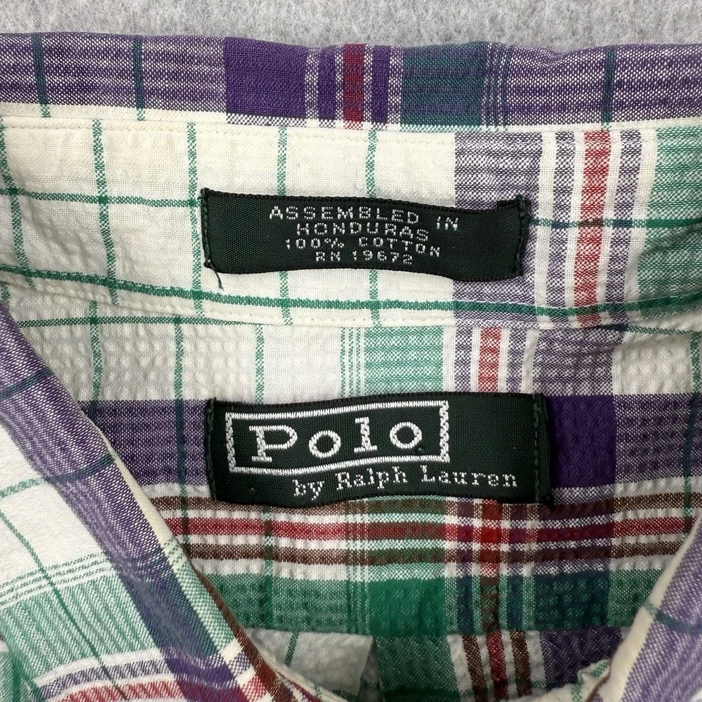 Polo Ralph Lauren Shirt Mens Medium White Green‎ Label Seersucker Preppy Cotton